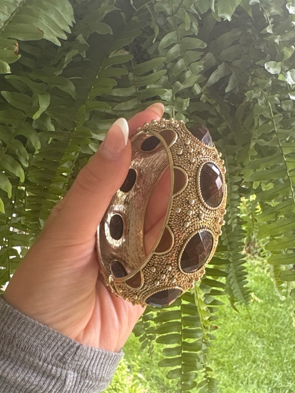 Gold-Tone Brown Gemstone Statement Bangle Bracelet